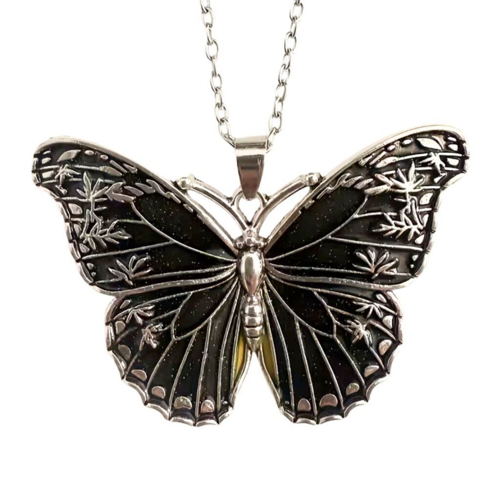 Midnight Muse Black Butterfly Necklace Oil-Drop Enamel, Silver Sparkle Elegance